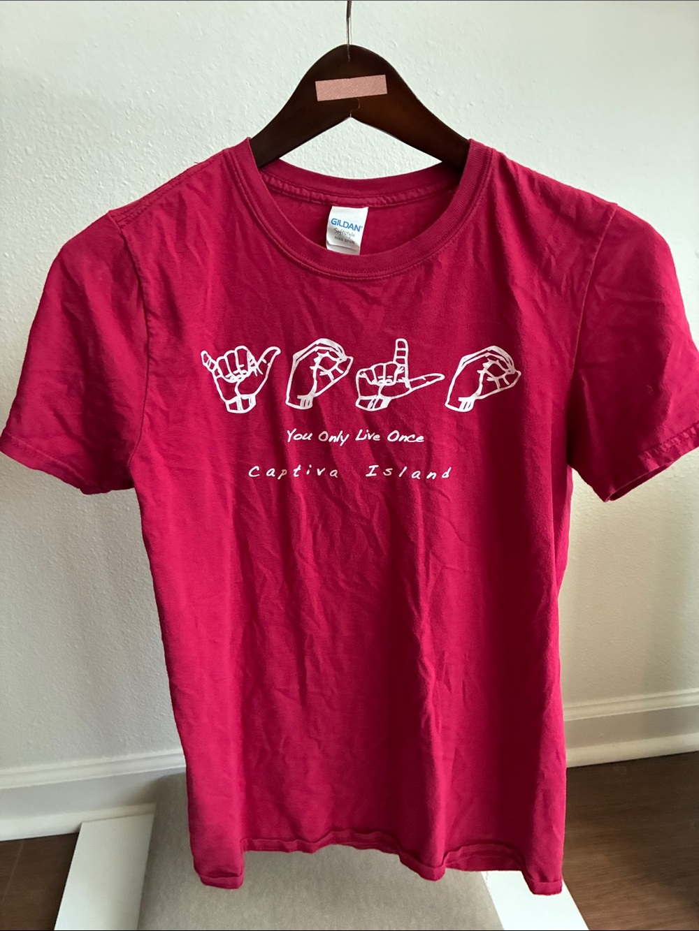 Gildan Women's Short Sleeve Tee Sign Language YOLO Captiva Island Raspberry Pink